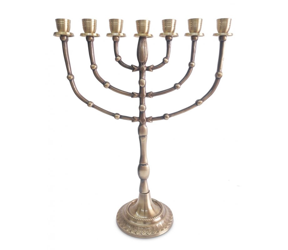 Dark Gold Seven Branch Menorah with Bead Decoration, Brass - 15