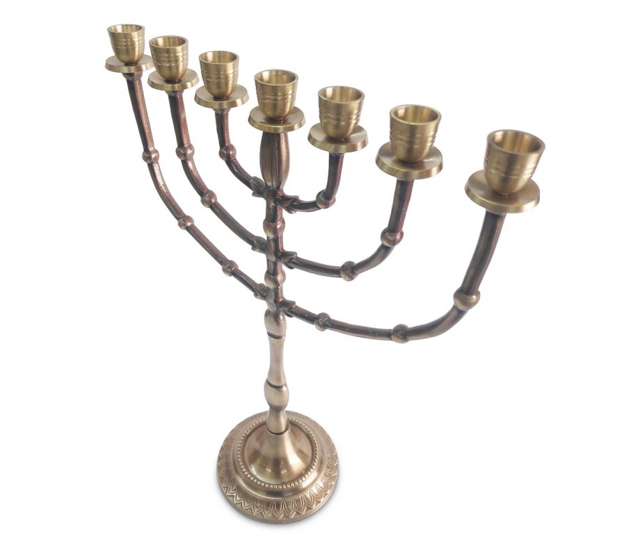 Dark Gold Seven Branch Menorah with Bead Decoration, Brass - 15