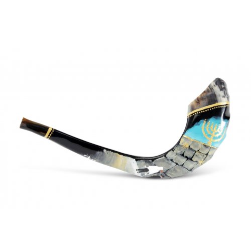 Decorated Hand Painted Ram's Horn Shofar - Western Wall Menorah Design