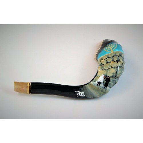 Decorated Hand Painted Ram's Horn Shofar - Western Wall Menorah Design