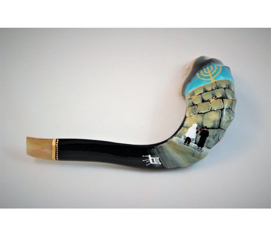 Decorated Hand Painted Ram's Horn Shofar - Western Wall Menorah Design