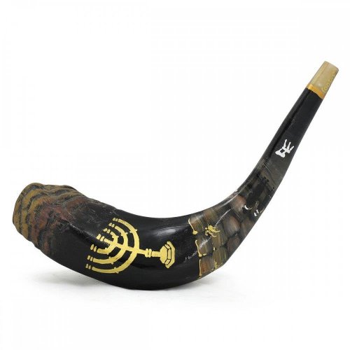 Decorated Hand Painted Ram's Horn Shofar - Western Wall Menorah Design Dark Tones