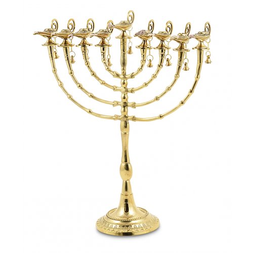 Decorative 7-Branch Menorah with Aladdin Lamp and Bell, Golden Brass - 16
