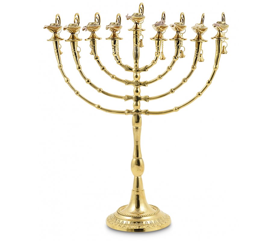 Decorative 7-Branch Menorah with Aladdin Lamp and Bell, Golden Brass - 16”