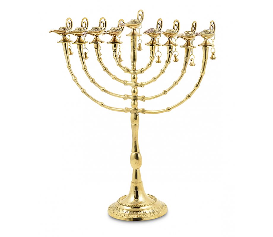 Decorative 7-Branch Menorah with Aladdin Lamp and Bell, Golden Brass - 16”