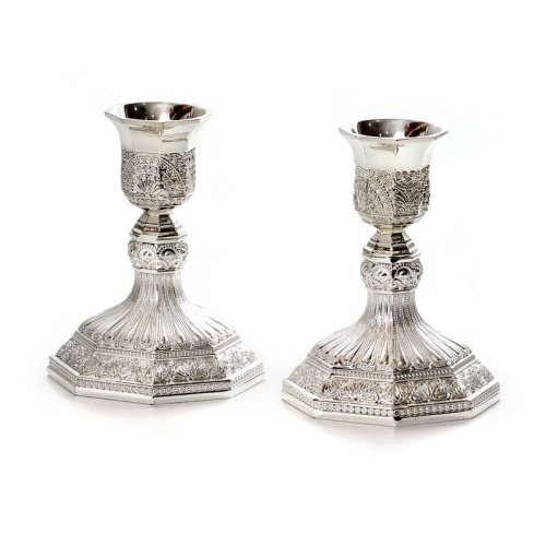 Decorative Engraved Silver Plated Shabbat Candlesticks