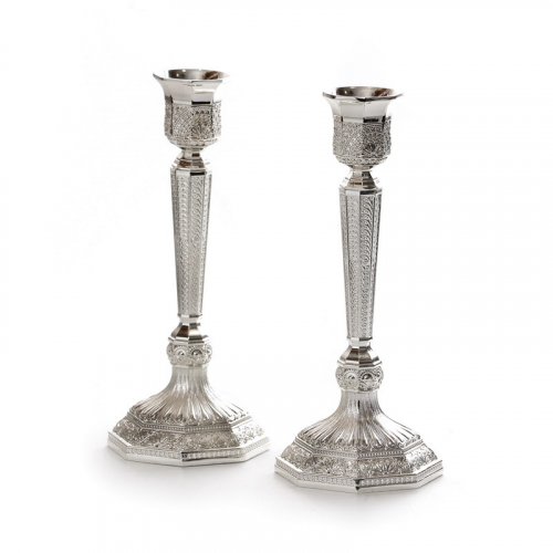 Decorative Engraved Silver Plated Shabbat Candlesticks