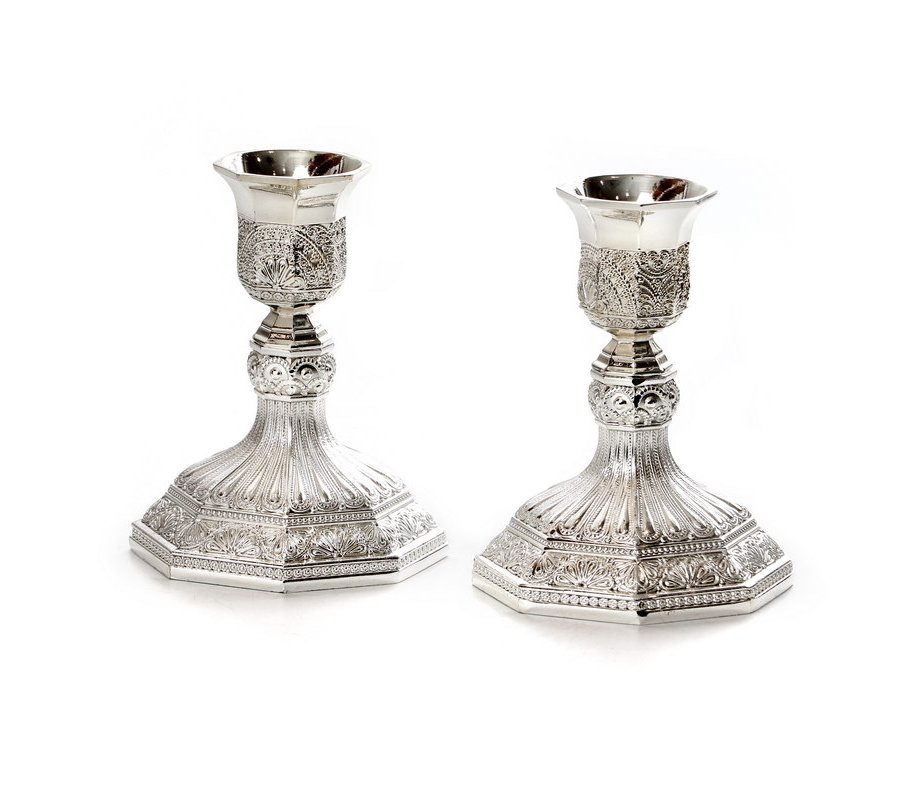 Decorative Engraved Silver Plated Shabbat Candlesticks
