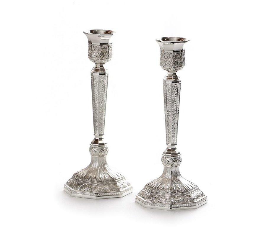 Decorative Engraved Silver Plated Shabbat Candlesticks