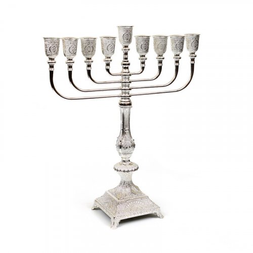 Decorative Filigree Design on Silver Plated Hanukkah Menorah  15.1 Hight