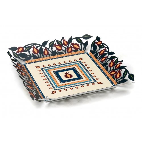 Decorative Metal Tray with pomegranate Cutout Border - Dorit Judaica