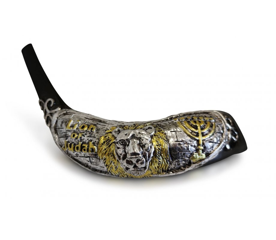 Decorative Rams Horn Shofar, Gold and Silver - Lion of Judah and Menorah
