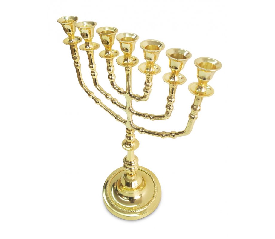 Decorative Seven Branch Menorah, Gleaming Gold Brass - 15