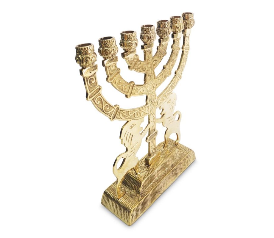 Decorative Seven Branch Menorah with Prancing Lions, Gold Colored Brass – 9”