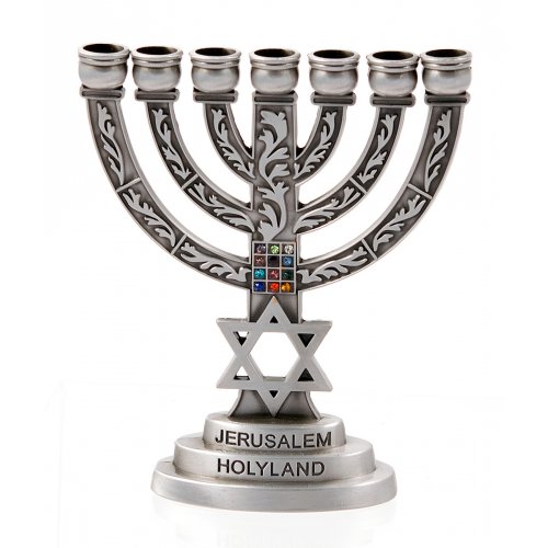 Decorative Small Seven Branch Menorah with Star of David & Breastplate, Pewter - 4