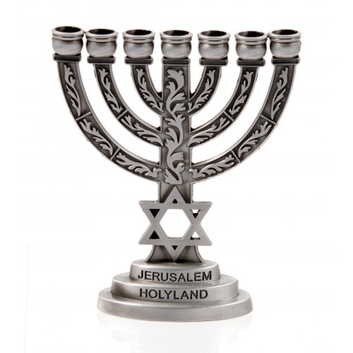 Decorative Small Seven Branch Menorah with Star of David & Breastplate, Pewter - 4