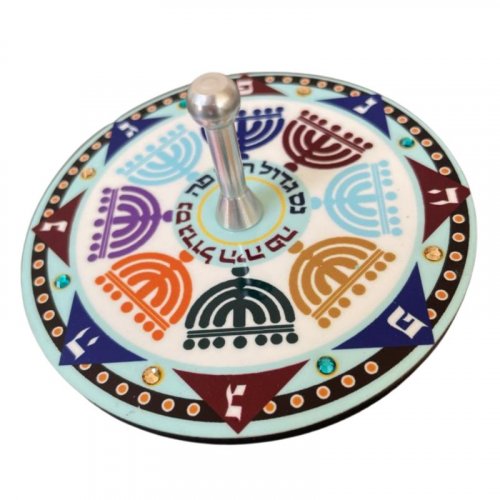 Decorative Sparkling Dreidel with Stand, Colorful Menorahs Design - Dorit Judaica