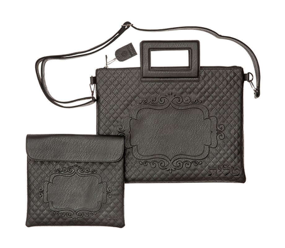 Decorative Tallit and Tefillin Bag Set in Black Faux Leather with Shoulder Strap