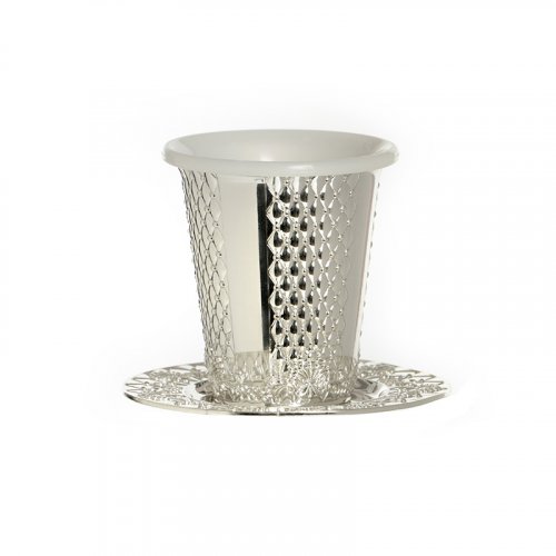 Diamond Design Kiddush Cup with Matching Plate - Silver Plated