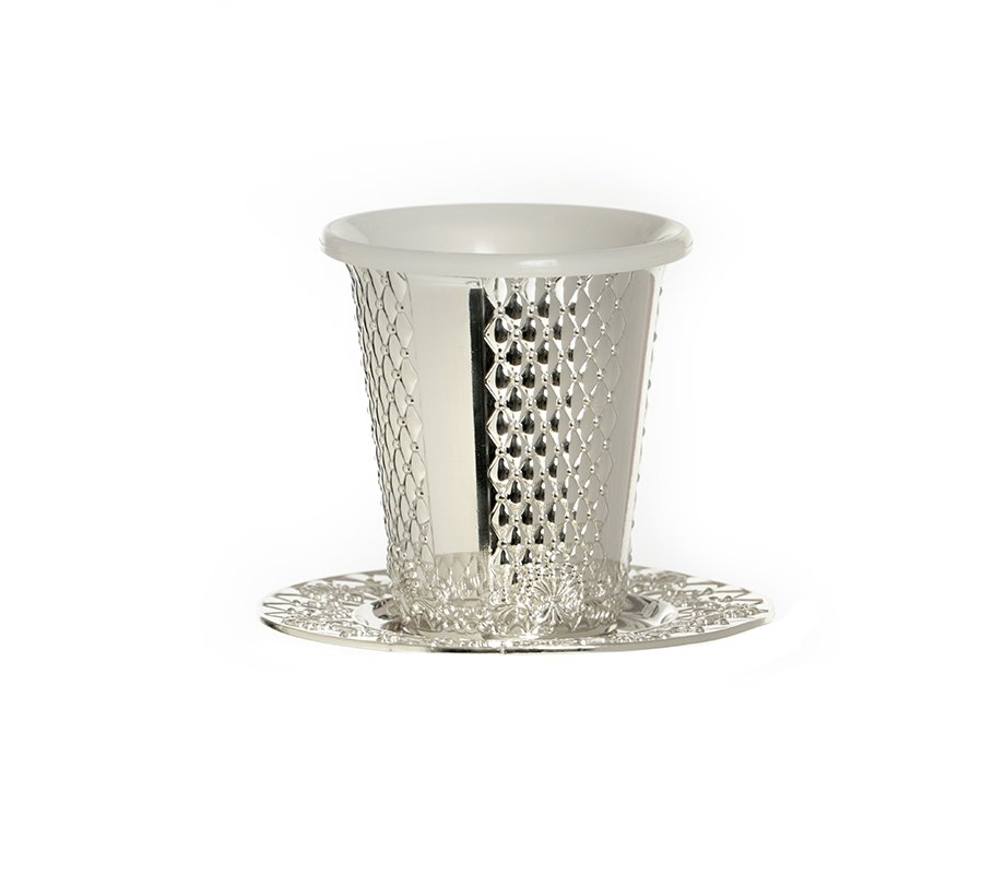 Diamond Design Kiddush Cup with Matching Plate - Silver Plated