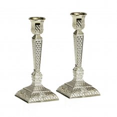 Diamond Design Silver Plated Shabbat Candlesticks - 7.4
