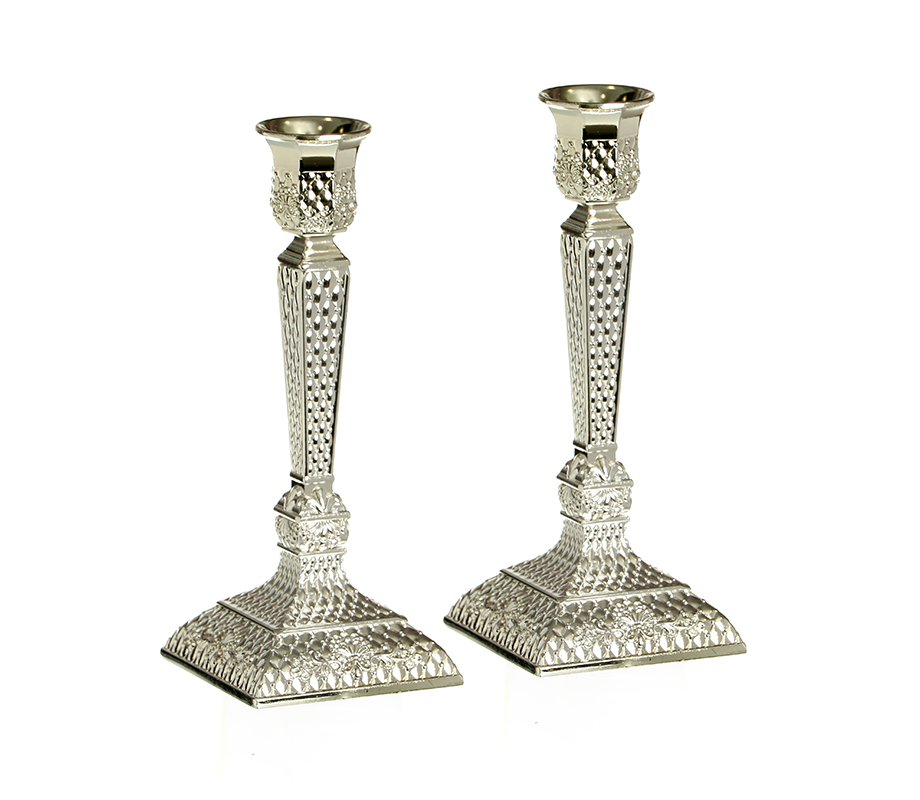 Diamond Design Silver Plated Shabbat Candlesticks - 7.4