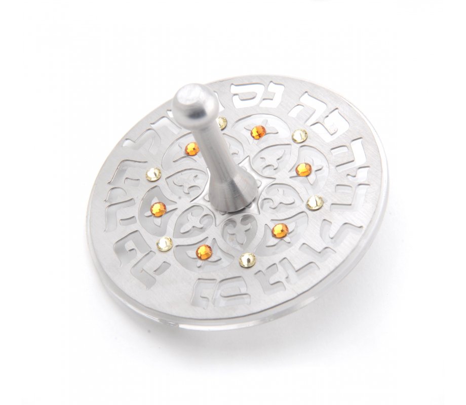Dorit Judaica Decorative Nes Gadol Flower Dreidel with Stand - Swarovski Stones