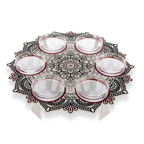 Dorit Judaica Seder Plate, Mandala Design in Maroon and Black Colors - Dorit Judaica