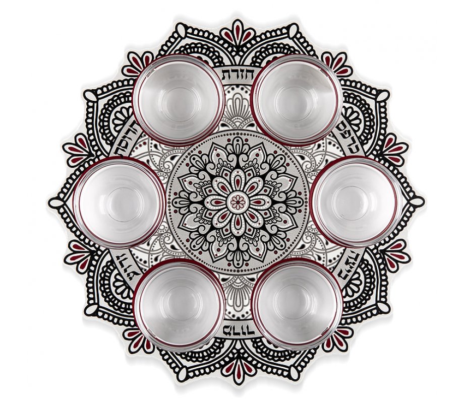 Dorit Judaica Seder Plate, Mandala Design in Maroon and Black Colors - Dorit Judaica