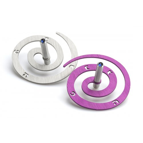 Double Spiral Hanukkah Dreidel Brushed Aluminum, Purple and Silver - Adi Sidler