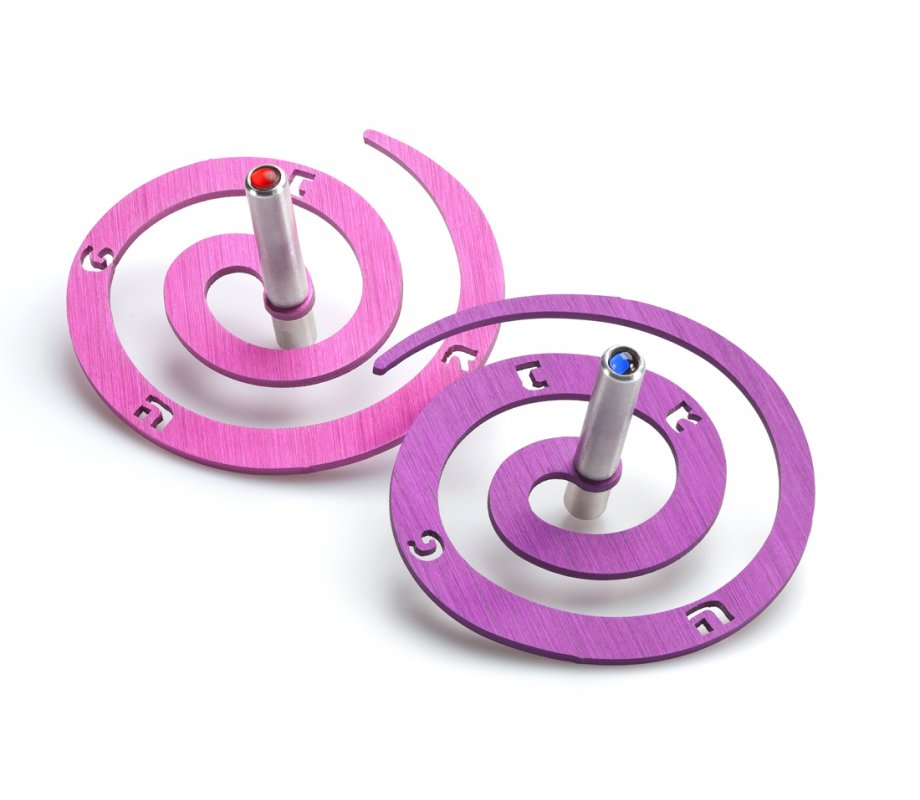 Double Spiral Hanukkah Dreidel Brushed Aluminum, Purple and Silver - Adi Sidler