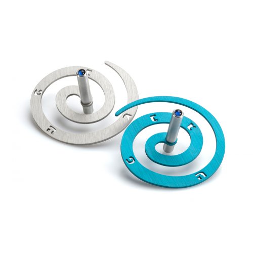 Double Spiral Hanukkah Dreidel Brushed Aluminum, Turquoise and Silver - Adi Sidler