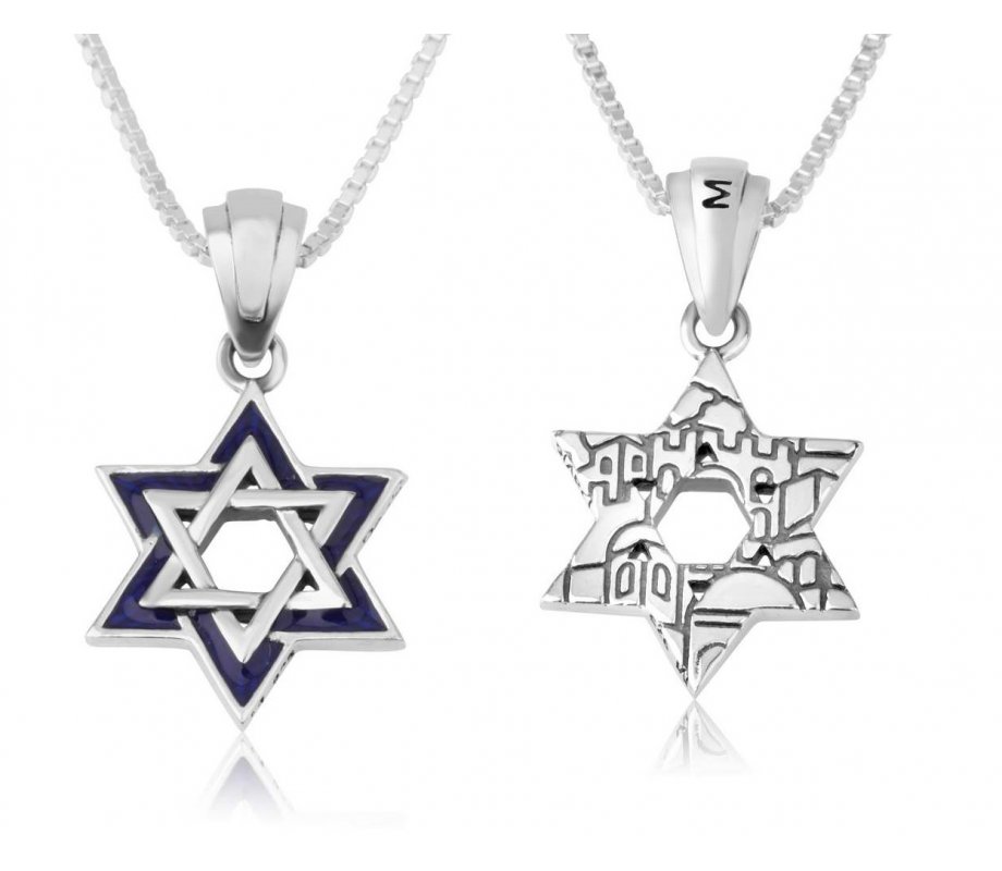 Double Star of David Pendant Necklace, Jerusalem Image on Reverse – Sterling Silver
