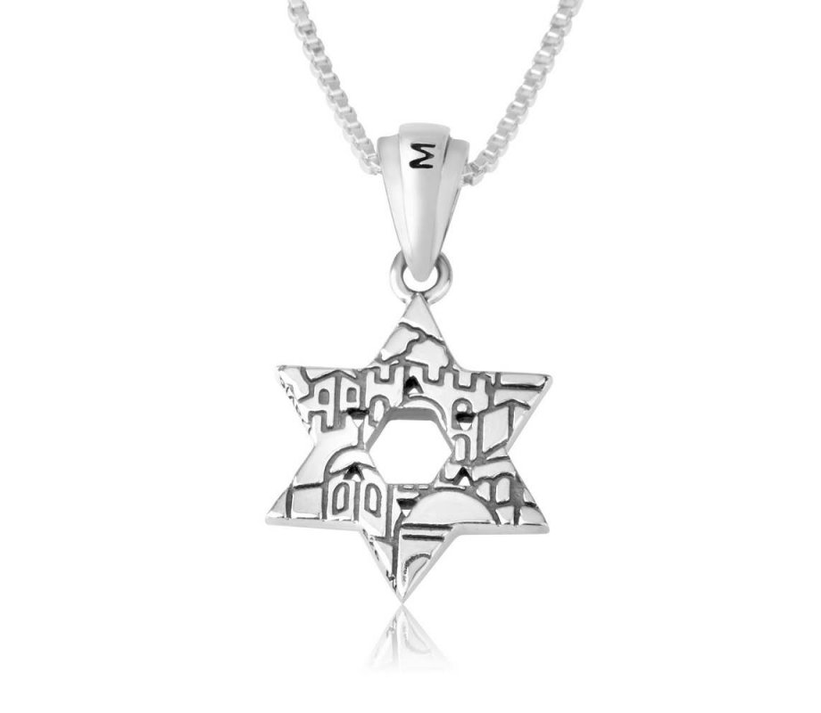 Double Star of David Pendant Necklace, Jerusalem Image on Reverse – Sterling Silver