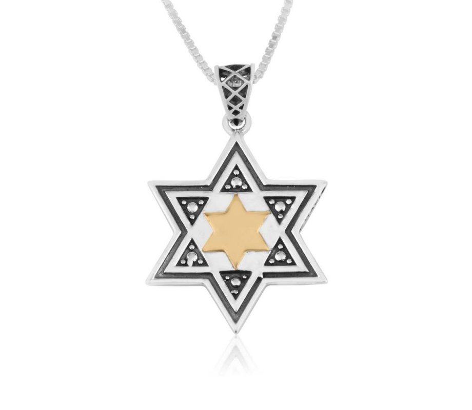 Double Star of David Pendant Necklace, Sterling Silver and 15K Plated Gold