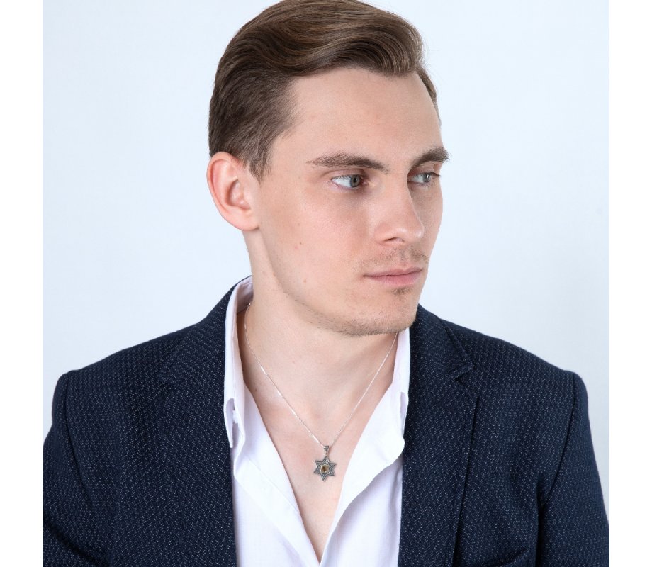 Double Star of David Pendant Necklace, Sterling Silver and 15K Plated Gold