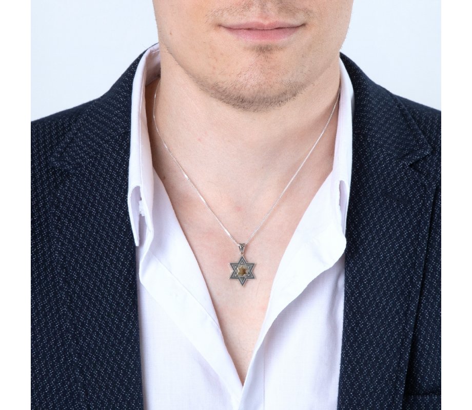 Double Star of David Pendant Necklace, Sterling Silver and 15K Plated Gold