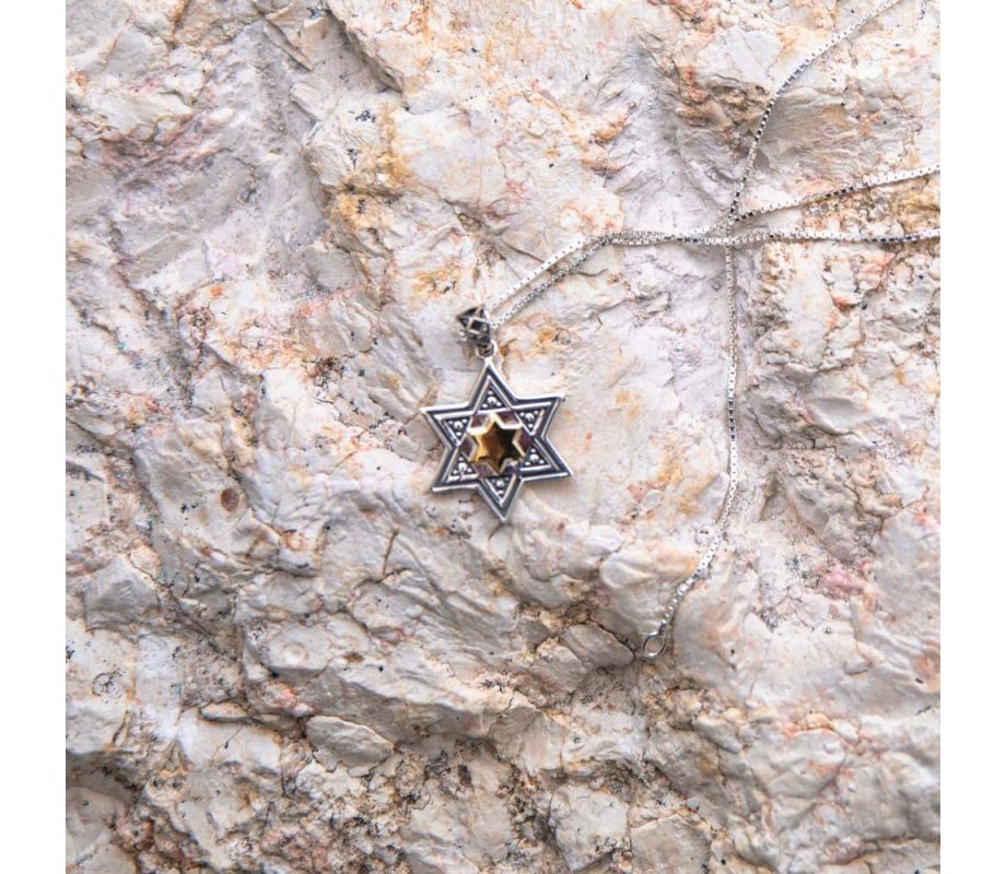 Double Star of David Pendant Necklace, Sterling Silver and 15K Plated Gold