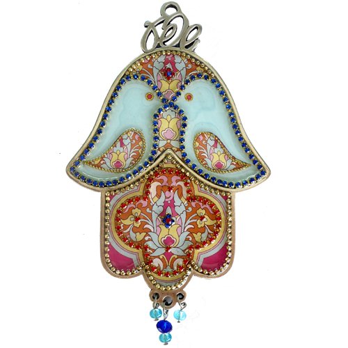 Dove of Peace Hamsa Wall Plaque, Turquoise and Pink Oriental Design - Iris Design