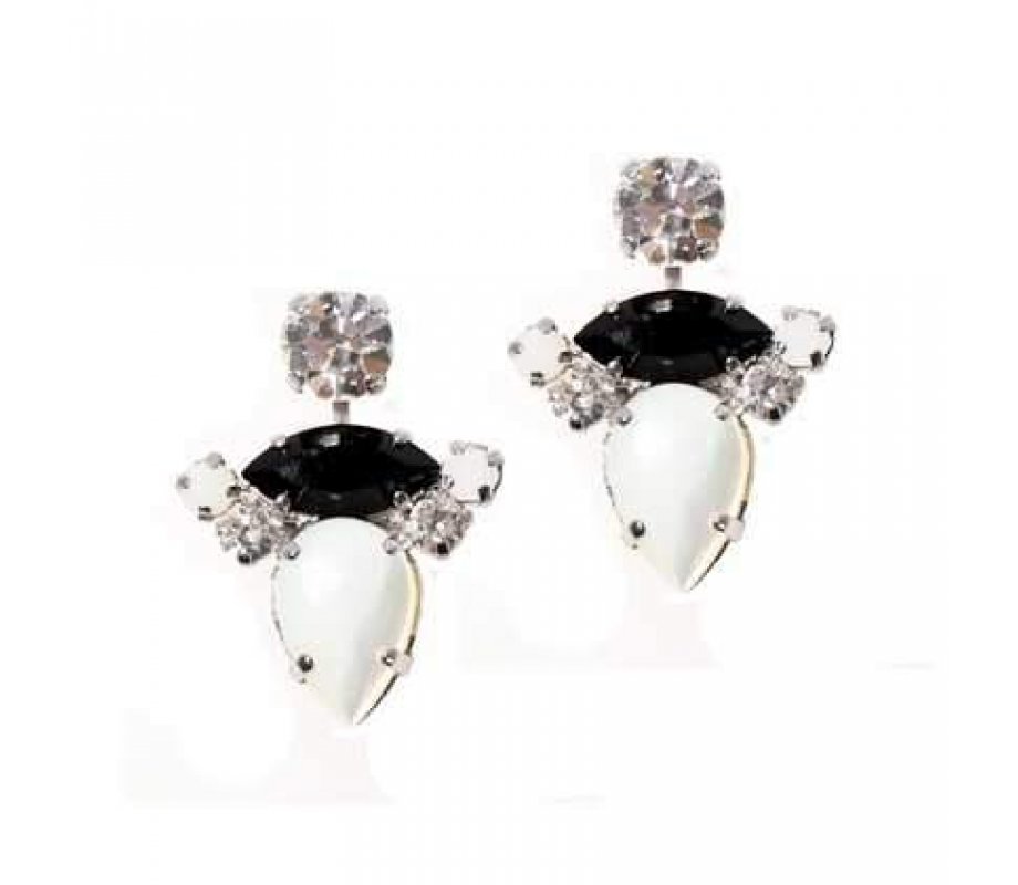 Dramatic Black and White Earrings with Semi Precious Stones and Crystals - Amaro
