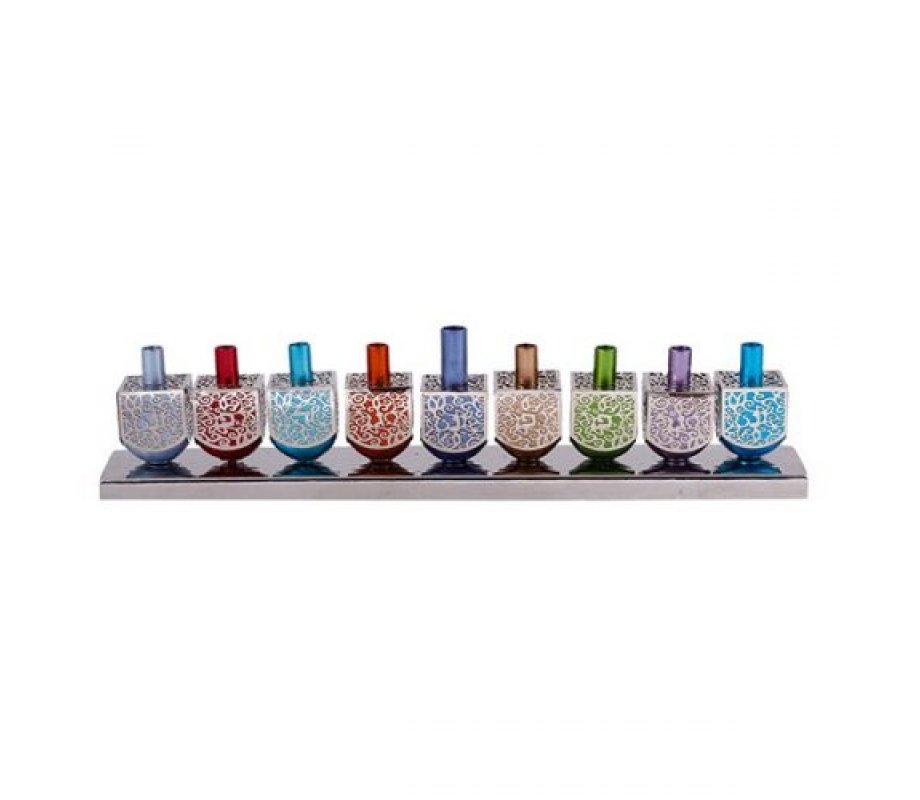 Dreidel Menorah with Decorative Cut Out Floral Design, Multicolor - Yair Emanuel