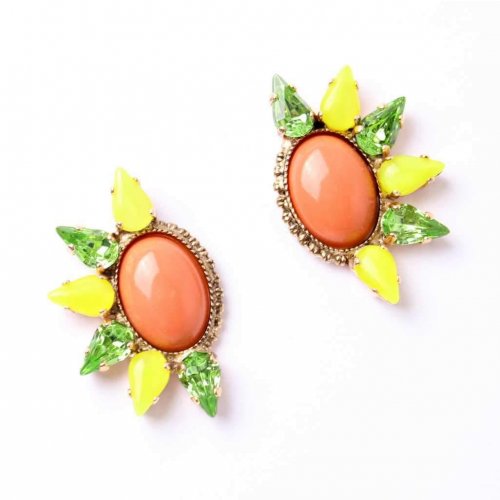 Earrings Rose Gold Plate  Semi Precious Stones Coral and Crystals - Amaro