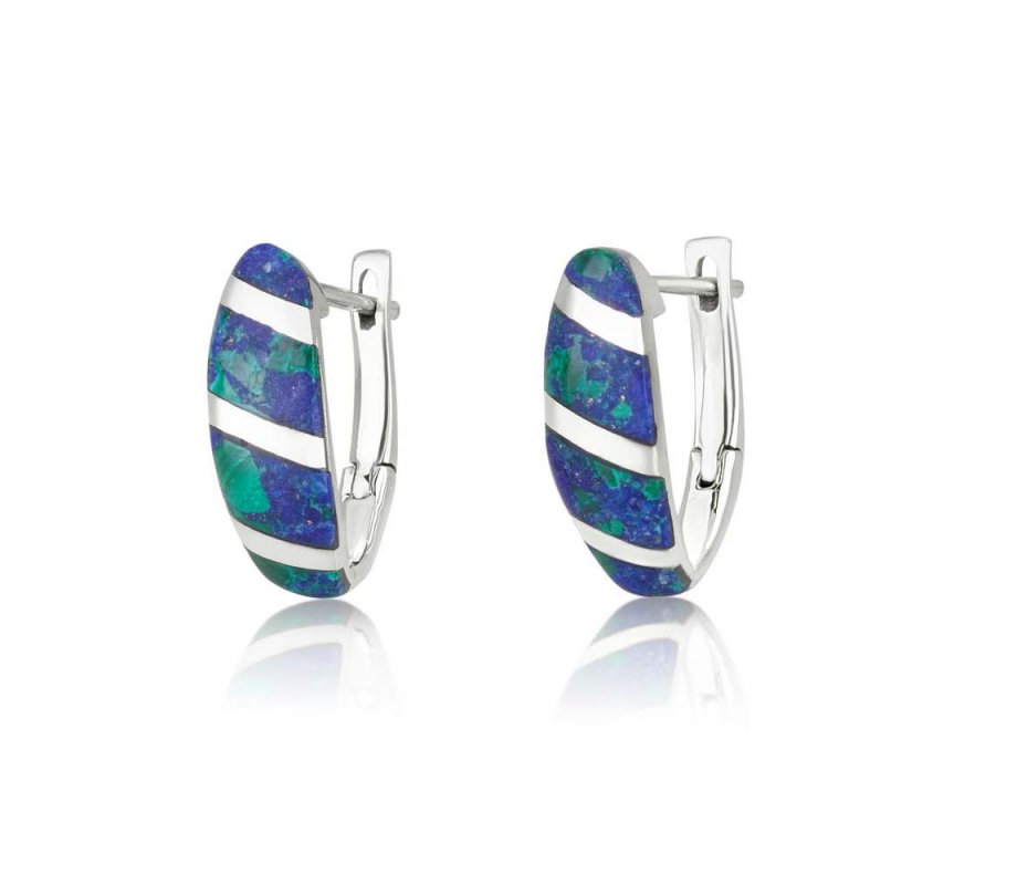 Earrings with Curved Eilat Stone Inlay and Silver Stripes – Sterling Silver