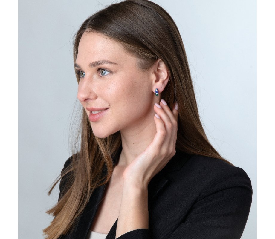 Earrings with Curved Eilat Stone Inlay and Silver Stripes – Sterling Silver