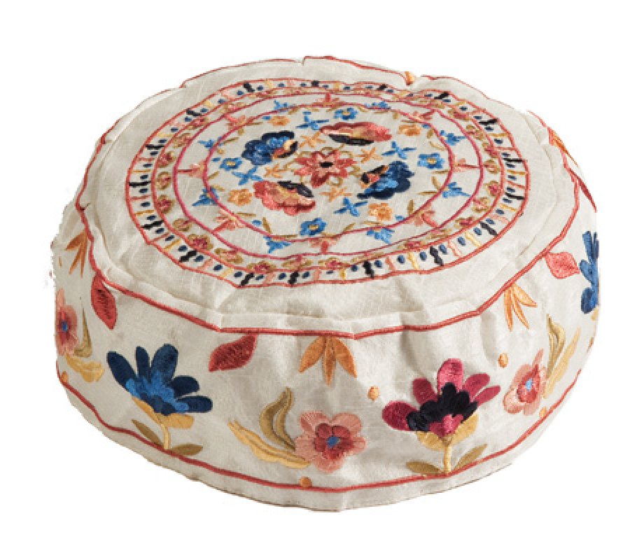 Embroidered Bucharian Hat Kippah on Cream, Colorful Floral Design - Yair Emanuel