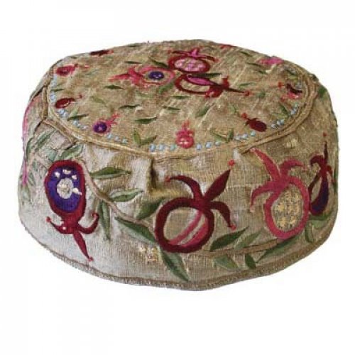 Embroidered Bucharian Hat Kippah on Gold, Pomegranates - Yair Emanuel