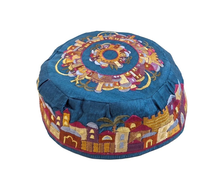 Embroidered Bucharian Hat-Kippah, Colorful Jerusalem on Blue - Yair Emanuel