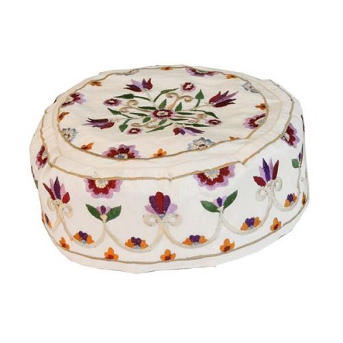 Embroidered Bucharian Hat-Kippah, Flowers on Off-White Fabric - Yair Emanuel