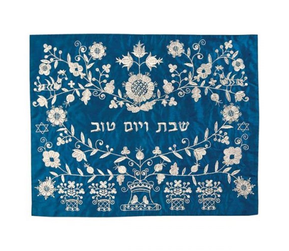 Embroidered Challah Cover, Silver Floral Design on Blue - Yair Emanuel