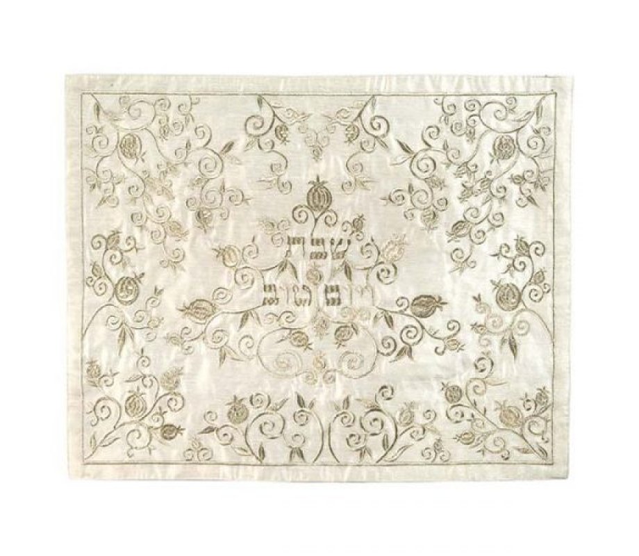 Embroidered Challah Cover, Silver Pomegranates - Yair Emanuel